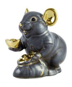 tượng sứ, tượng sứ minh long, Chuột Phú 8 cm - Màu xám - Trang trí vàng 24K