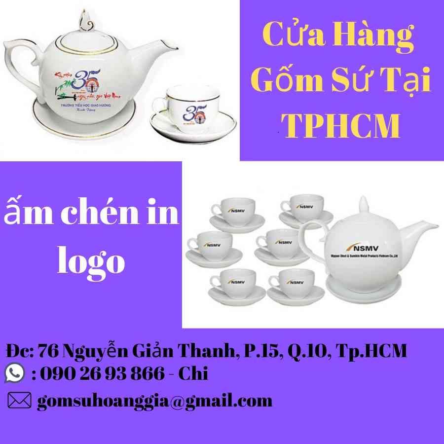 Bộ quà tặng ấm chén in logo Bát Tràng Phú Quý Kẻ Chỉ Vàng in logo Vietcombank